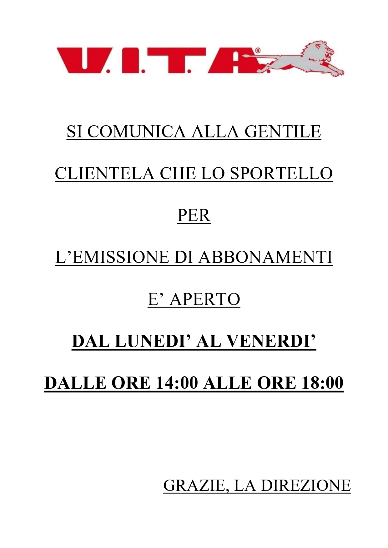 AVVISO SPORTELLO ABBONAMENTI