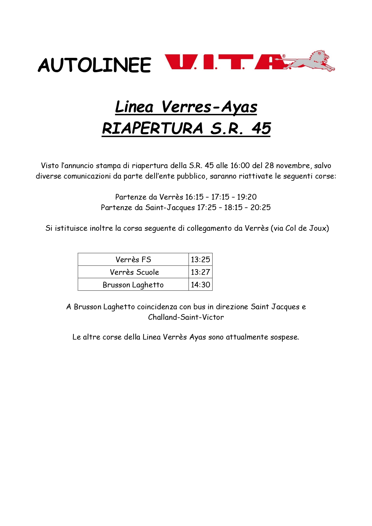 Avviso riapertura Verres-Ayas per il 28/11/2024